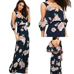 Lulu's Dress The Very Thought Of You 539682 Flounce Shawl Floral Gown Navy Sz S